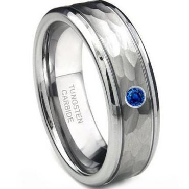(Wholesale)Tungsten Carbide Hammered Ring With CZ - 4208