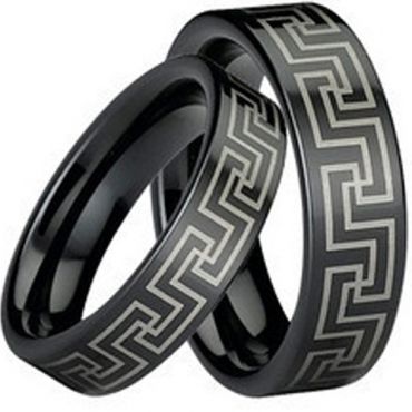 (Wholesale)Black Tungsten Carbide Greek Key Pipe Cut Ring-TG752
