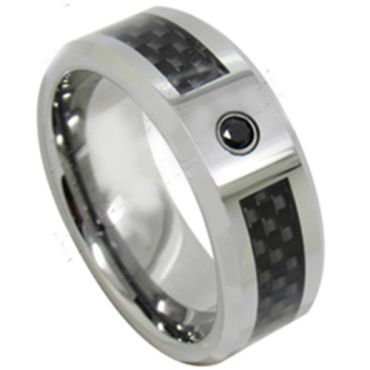 (Wholesale)Tungsten Carbide Ring With Carbon Fiber & CZ - TG369